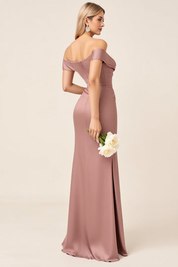 Dusty Rose Matte Satin Off the Shoulder Ruched Long Bridesmaid Dress